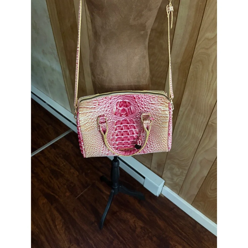 Satchel Handbag Pink Yellow Crocodile Croc‎ Embossed Leather Crossbody Bag NWOT
